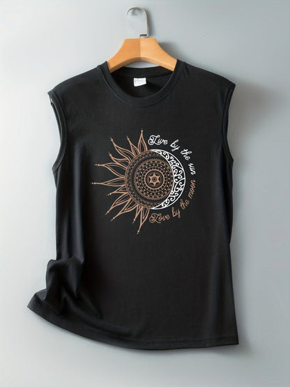 Women's Boho-Style Tank Top with Sun and Moon Print – Summer Casual Shirt