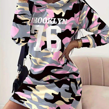 Women's camouflage hoodie dress, pink and gray, Brooklyn 76, long sleeve