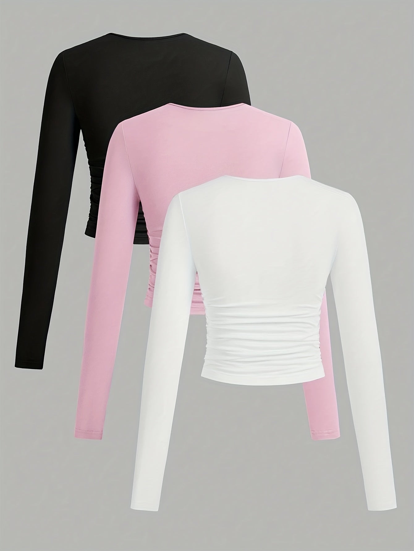 3er Pack Langarmshirt mit Rundhals und Raffung