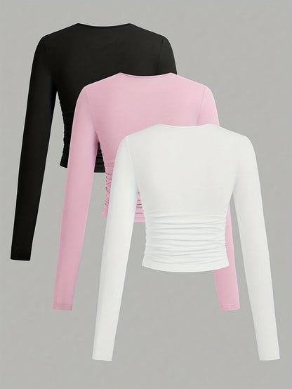 3er Pack Langarmshirt mit Rundhals und Raffung