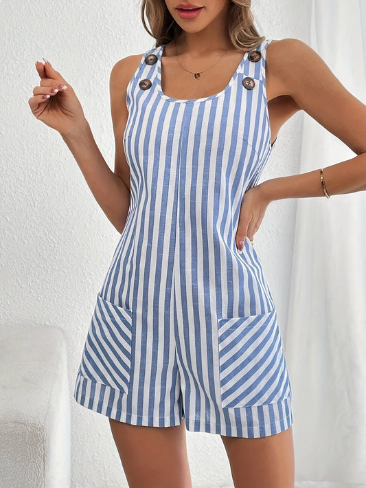 Women's summer jumpsuit with stripe pattern and button details, casual one-piece for everyday wear and vacation
