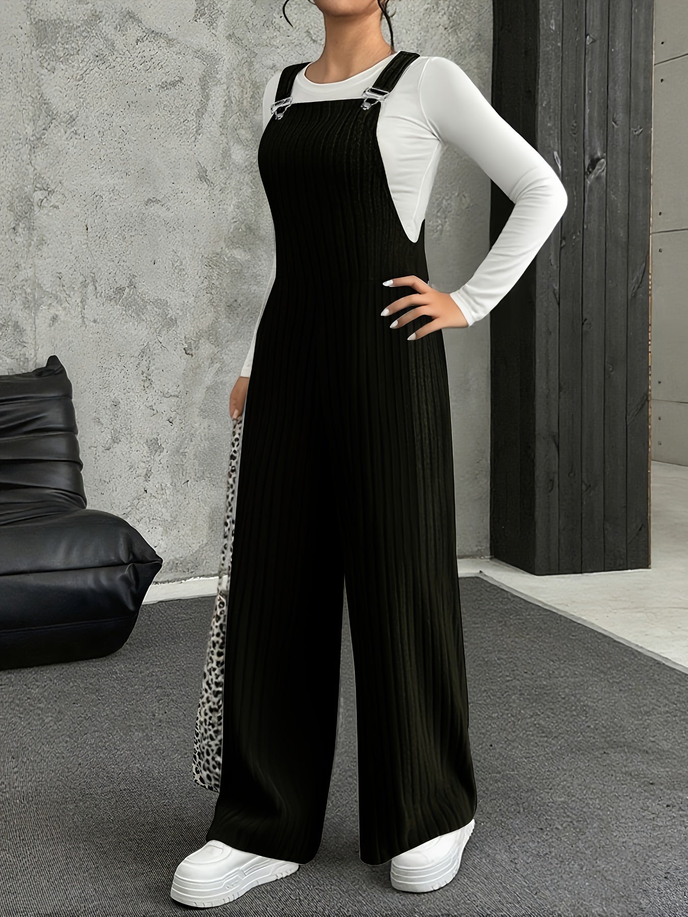 Ribbed women’s jumpsuit with wide legs, gray