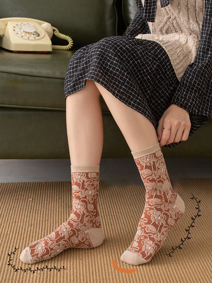 Ladies' Old-Fashioned Stockings Set – 5 Pairs, Floral Pattern, Fashionable Ornament for Daily Life & Leisure