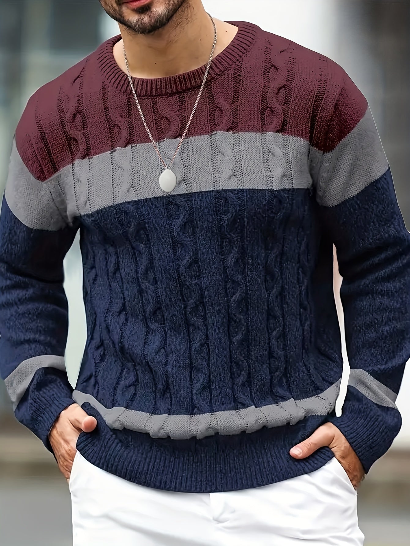 Herren Grobstrick Pullover mit Zopfmuster, farbblockiert, Rundhalsausschnitt
