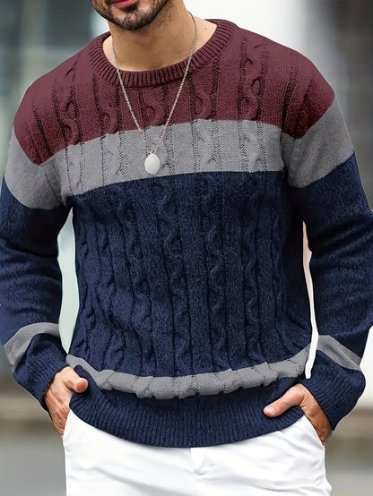 Herren Grobstrick Pullover mit Zopfmuster, farbblockiert, Rundhalsausschnitt