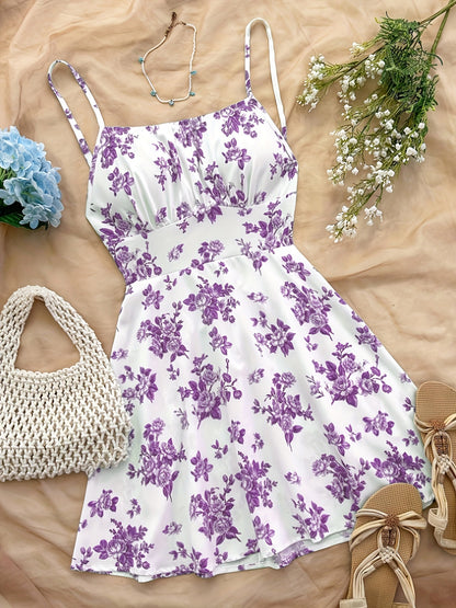 Women's Summer Mini Dress with Floral Pattern – Playful Casual Dress for Vacation & Everyday Wear
