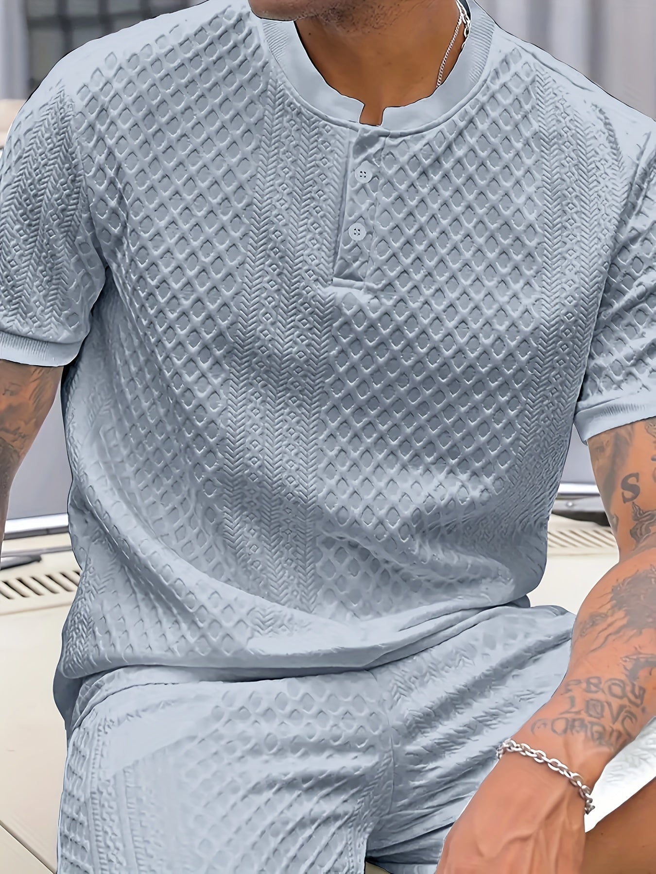 Herren Sommer Set – Strukturierte Freizeit Zweiteiler mit Knopfleiste, Kurzarm und Stehkragen