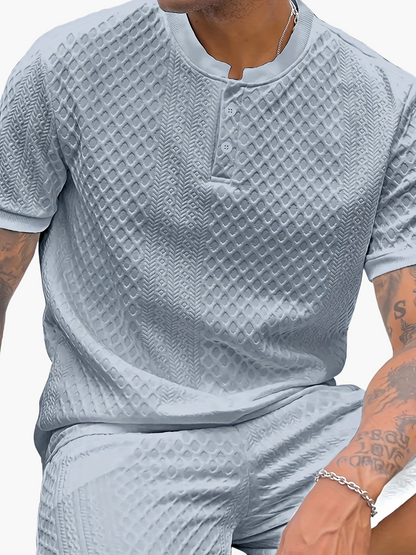 Herren Sommer Set – Strukturierte Freizeit Zweiteiler mit Knopfleiste, Kurzarm und Stehkragen