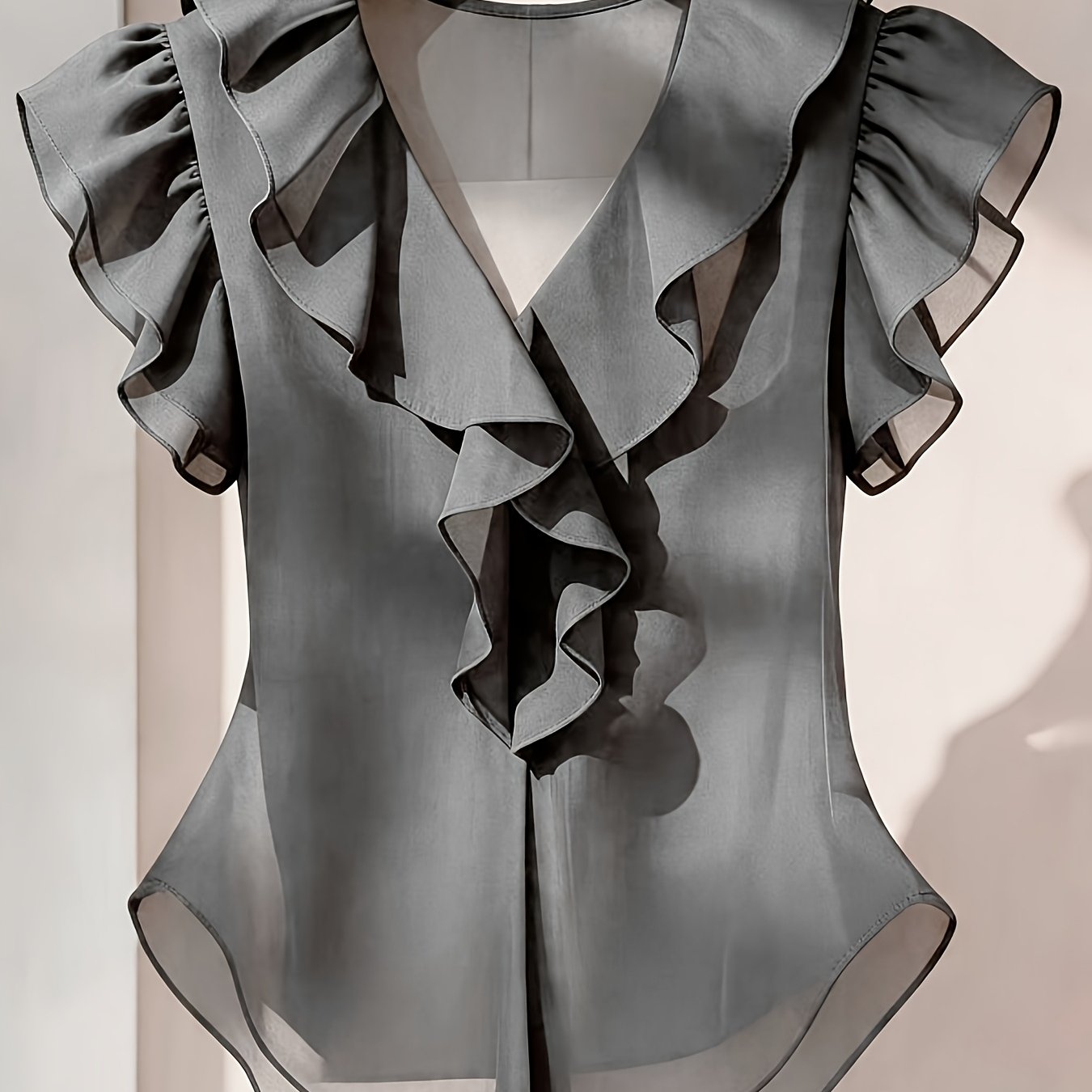 Women's blouse with ruffles and V-neck – Elegant frilled blouse for office and leisure