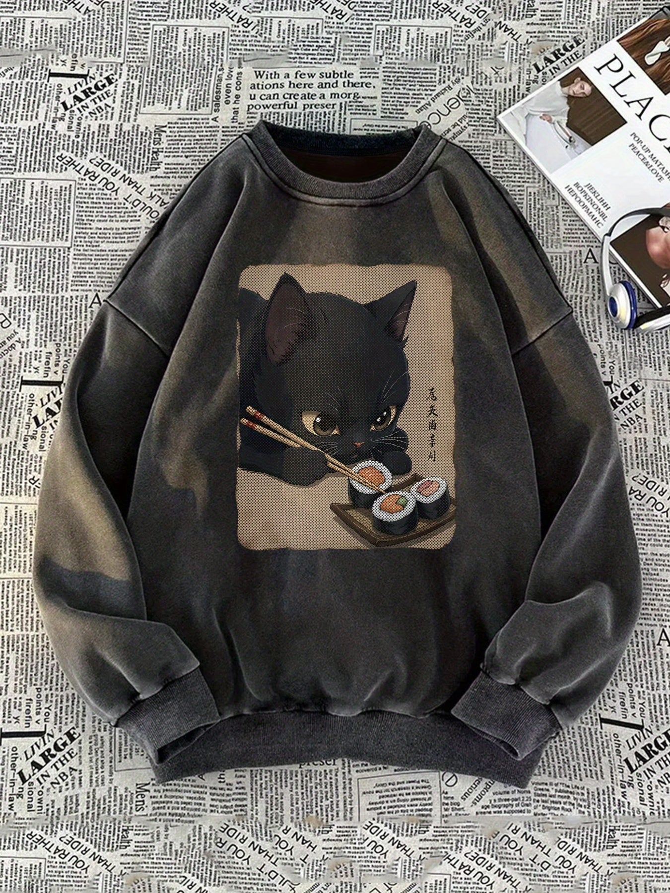 Unisex sweatshirt with cat sushi design, crew neck, long sleeves
