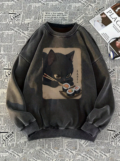 Unisex sweatshirt with cat sushi design, crew neck, long sleeves