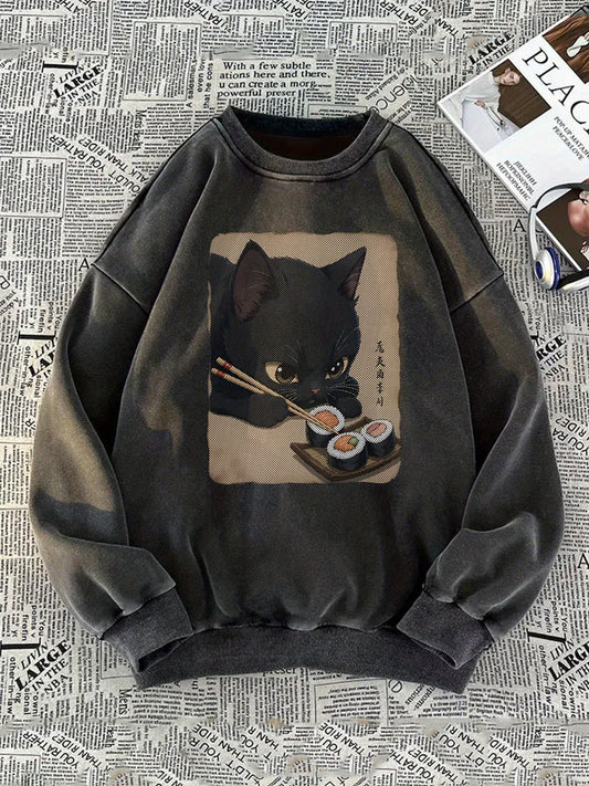 Unisex Sweatshirt mit Katzen-Sushi-Motiv, Rundhalsausschnitt, Langarm