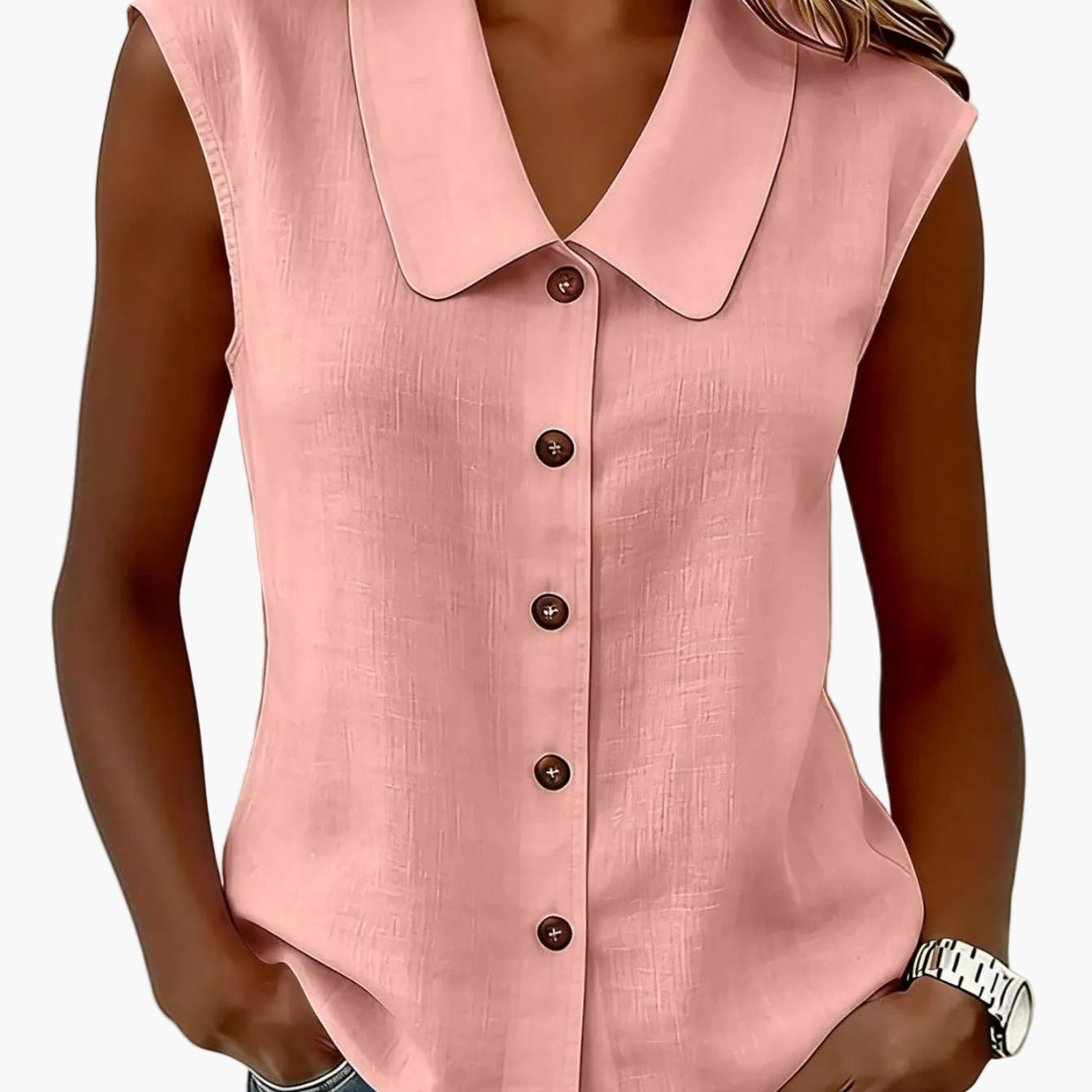Women's sleeveless blouse with button placket and wide collar – Elegant casual wear
