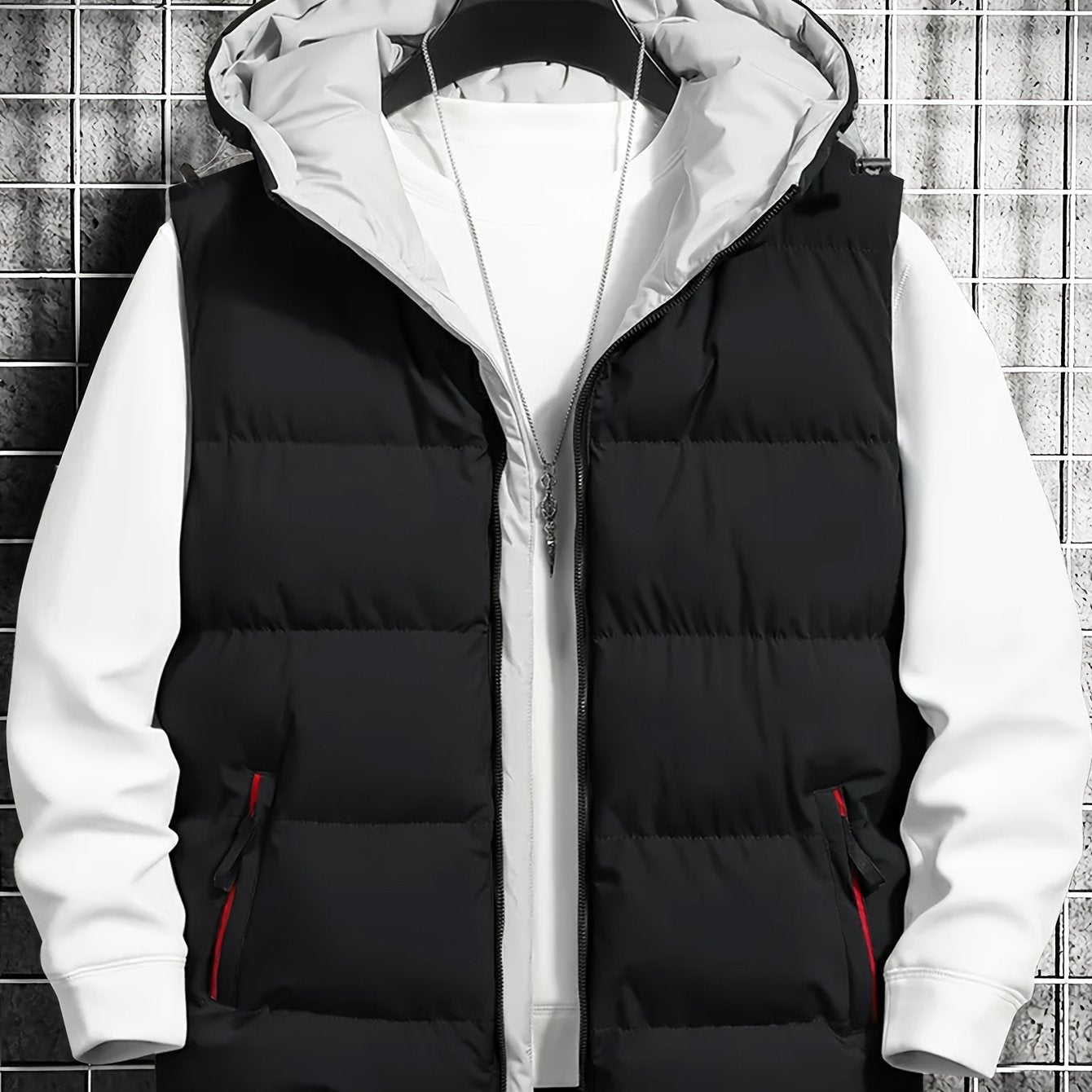 Men's quilted vest with hood, zipper & pockets, padded, black