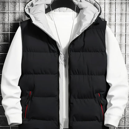 Men's quilted vest with hood, zipper & pockets, padded, black