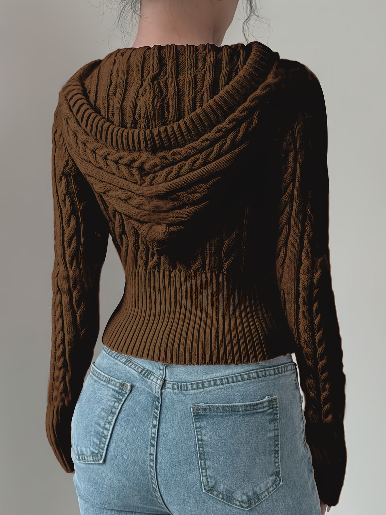 Damen Strickpullover Hoodie Crop Top Zopfmuster Reißverschluss