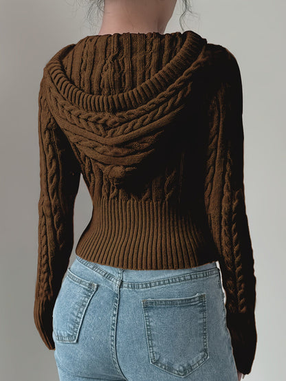 Damen Strickpullover Hoodie Crop Top Zopfmuster Reißverschluss