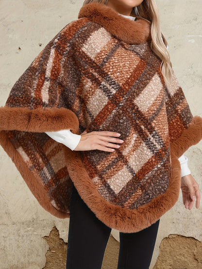 Damen Poncho mit Fellimitatbesatz, kariert, Braun/Grau