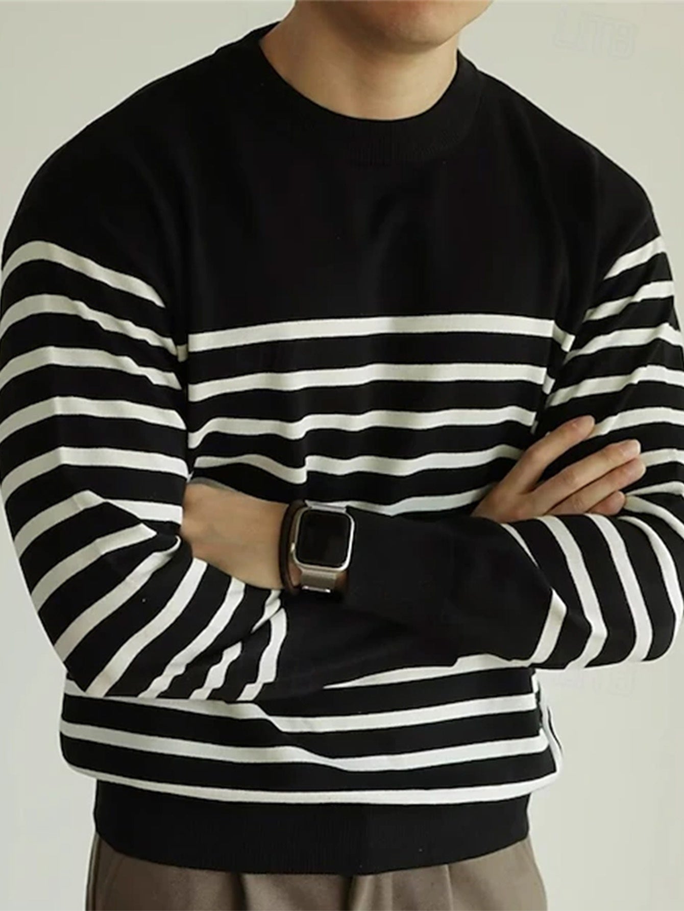 Striped men's crew-neck sweater, black and white, long-sleeved