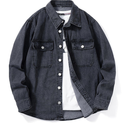 Dark gray denim shirt jacket with chest pockets