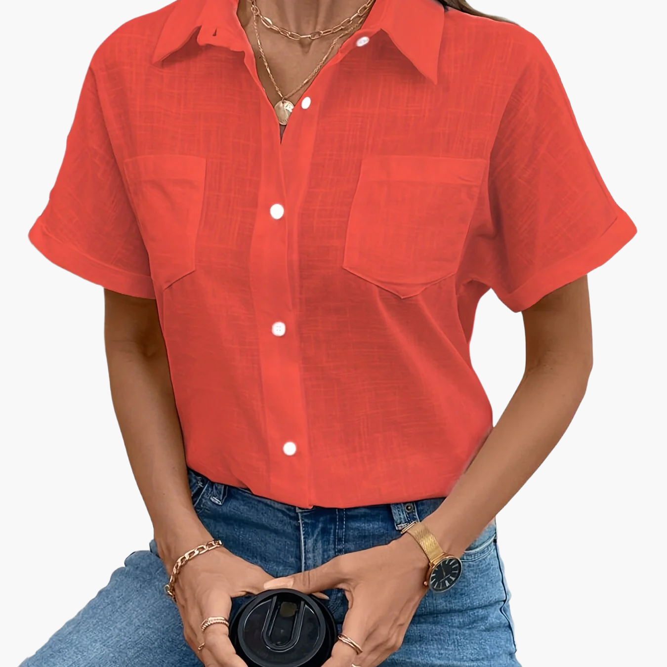 Women's Short-Sleeve Blouse with Bird Print and Chest Pocket – Fashionable Casual Shirt