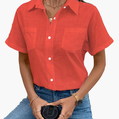 Women's Short-Sleeve Blouse with Bird Print and Chest Pocket – Fashionable Casual Shirt