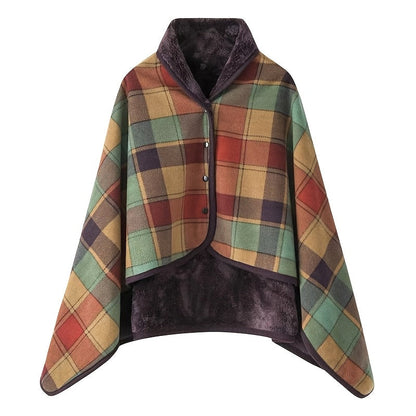 Women's Plaid Snap Button Fleece-Lined Poncho Cape