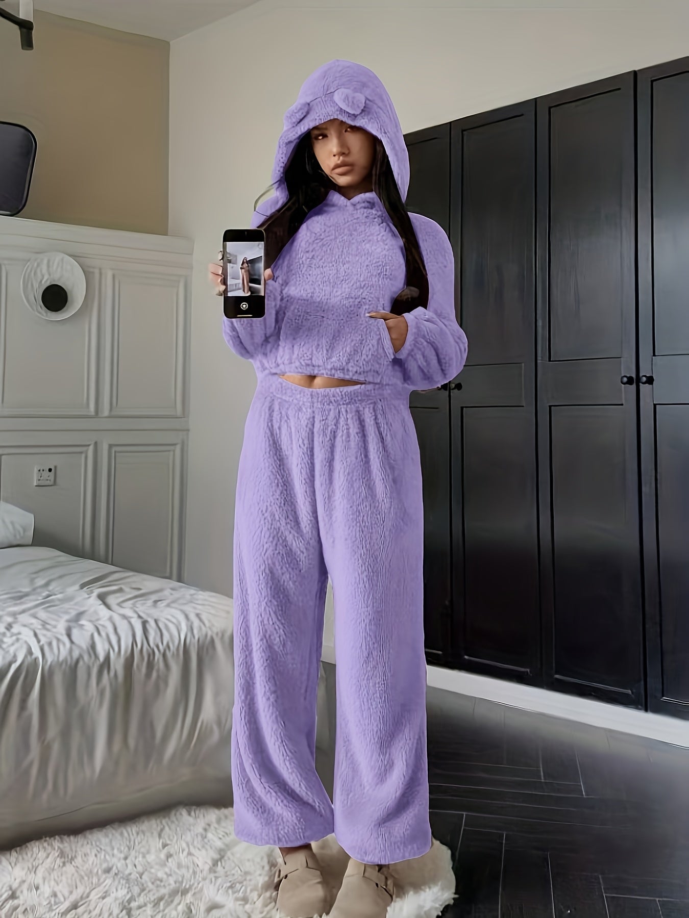 Damen Kuscheliger Loungewear Schlafanzug mit Kapuze und Ohren Plüsch Zweiteiler