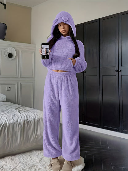 Damen Kuscheliger Loungewear Schlafanzug mit Kapuze und Ohren Plüsch Zweiteiler