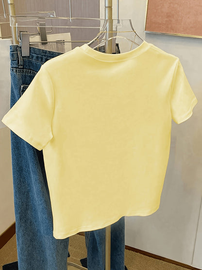 Women's T-shirt with Lemon Embroidery and Summery Fruit Design, Casual Style