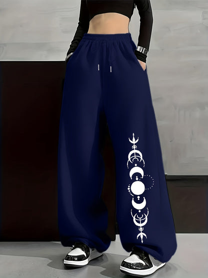 Wide-leg lounge pants with moon phase pattern, elastic waistband