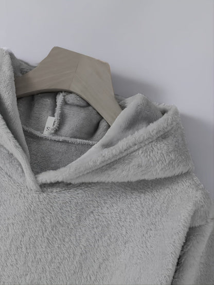Women's plush hoodie with cat print and button placket