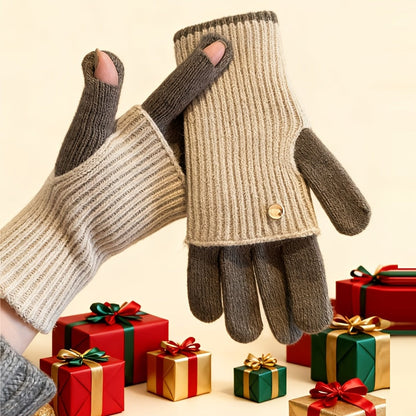 Two-tone knitted gloves with detachable mittens
