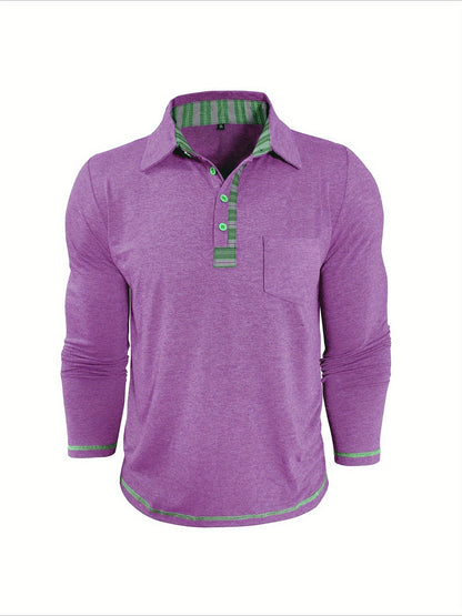 Men's long-sleeved polo shirt with chest pocket and patterned details