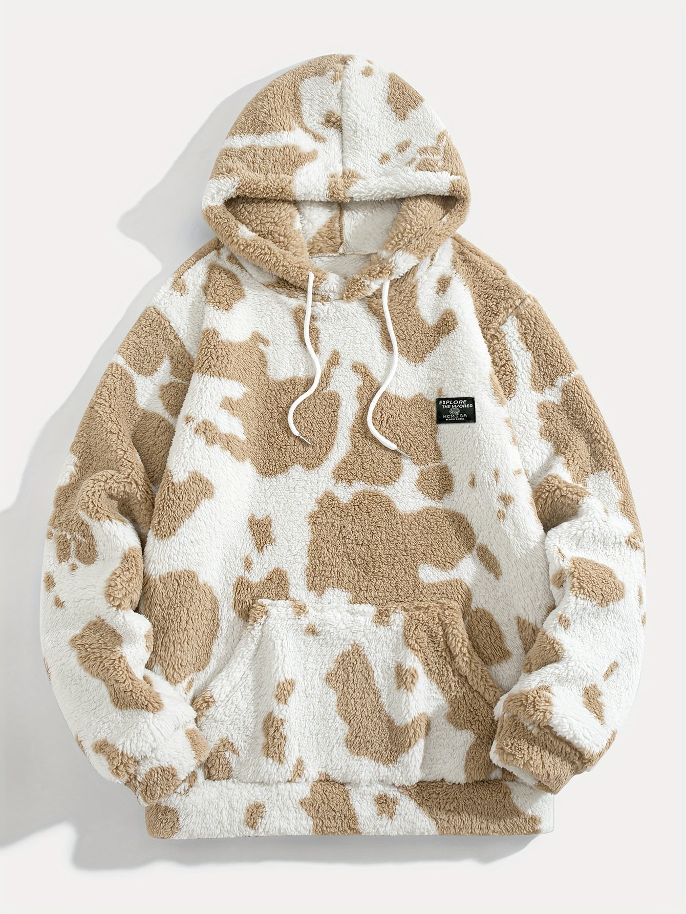 Teddyfleece Hoodie Kuhflecken-Muster mit Kängurutasche und Kapuze