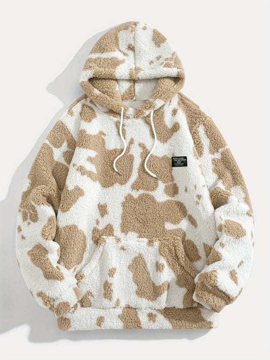 Teddy fleece hoodie with cow-print pattern, kangaroo pocket, and hood
