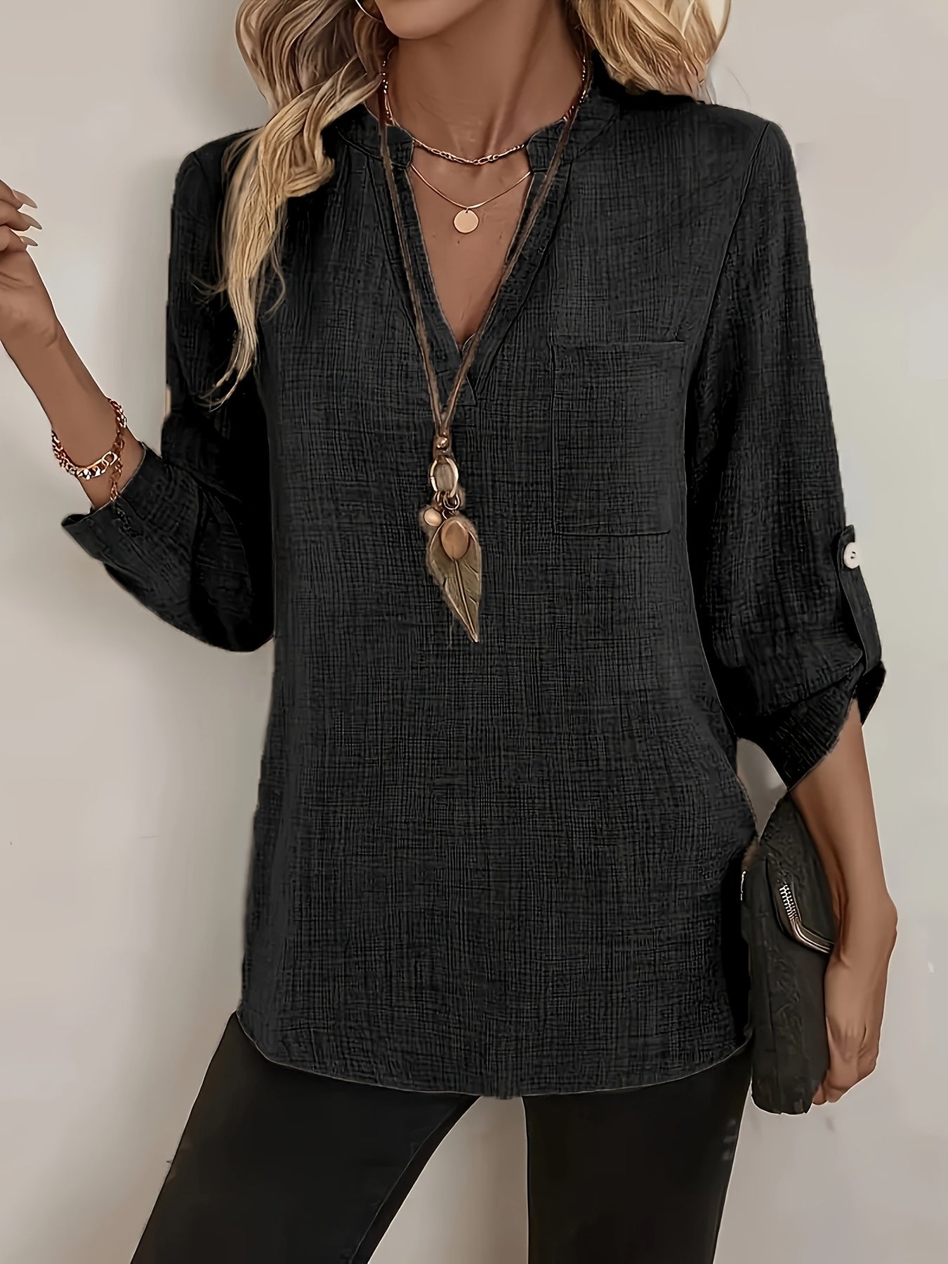 Damen Tunika Bluse mit V-Ausschnitt und Knopfdetails – Eleganter Freizeit-Look für Büro & Alltag