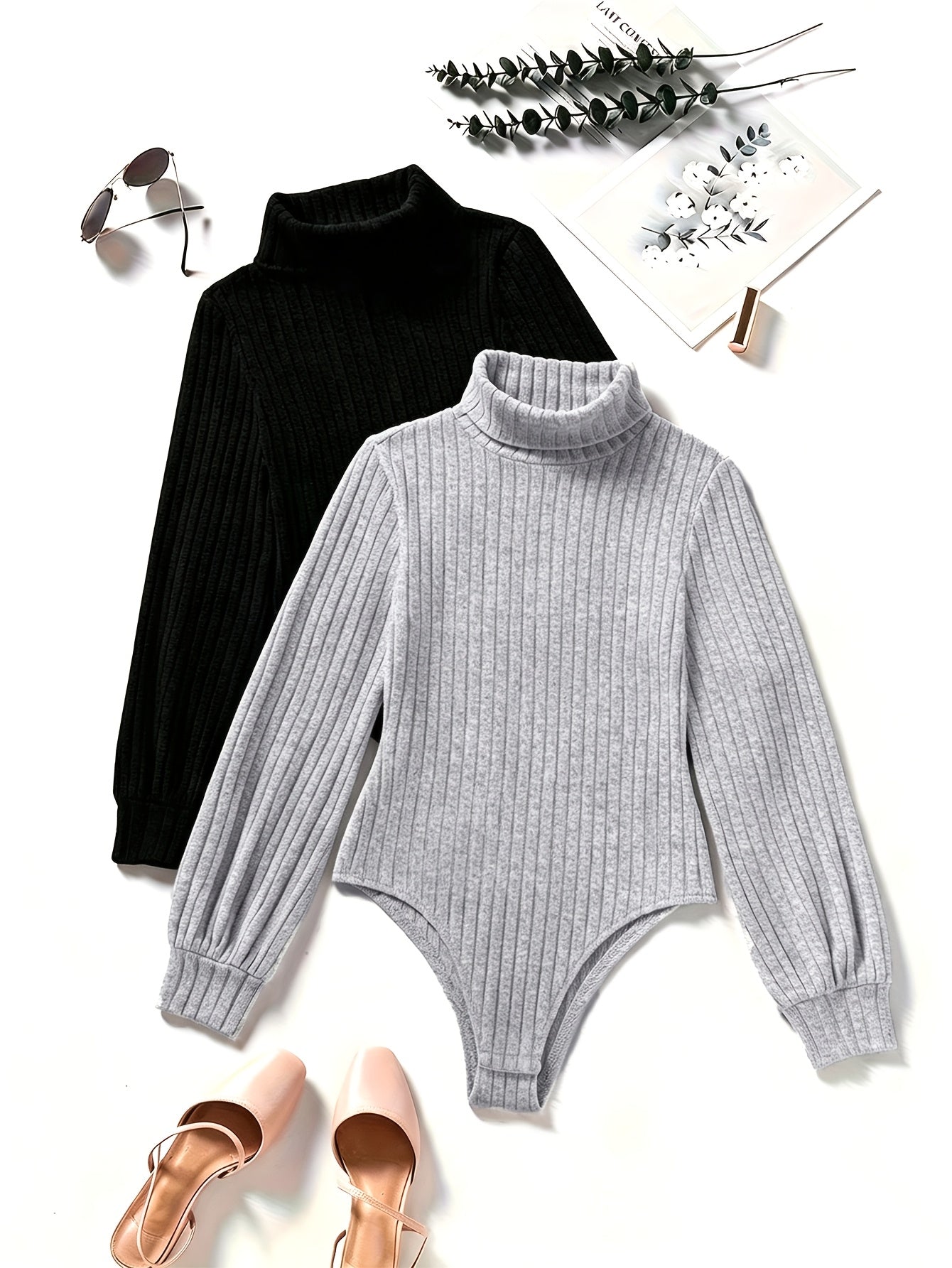 Damen Rollkragen Bodysuit Gerippt Langarm Strick Optik