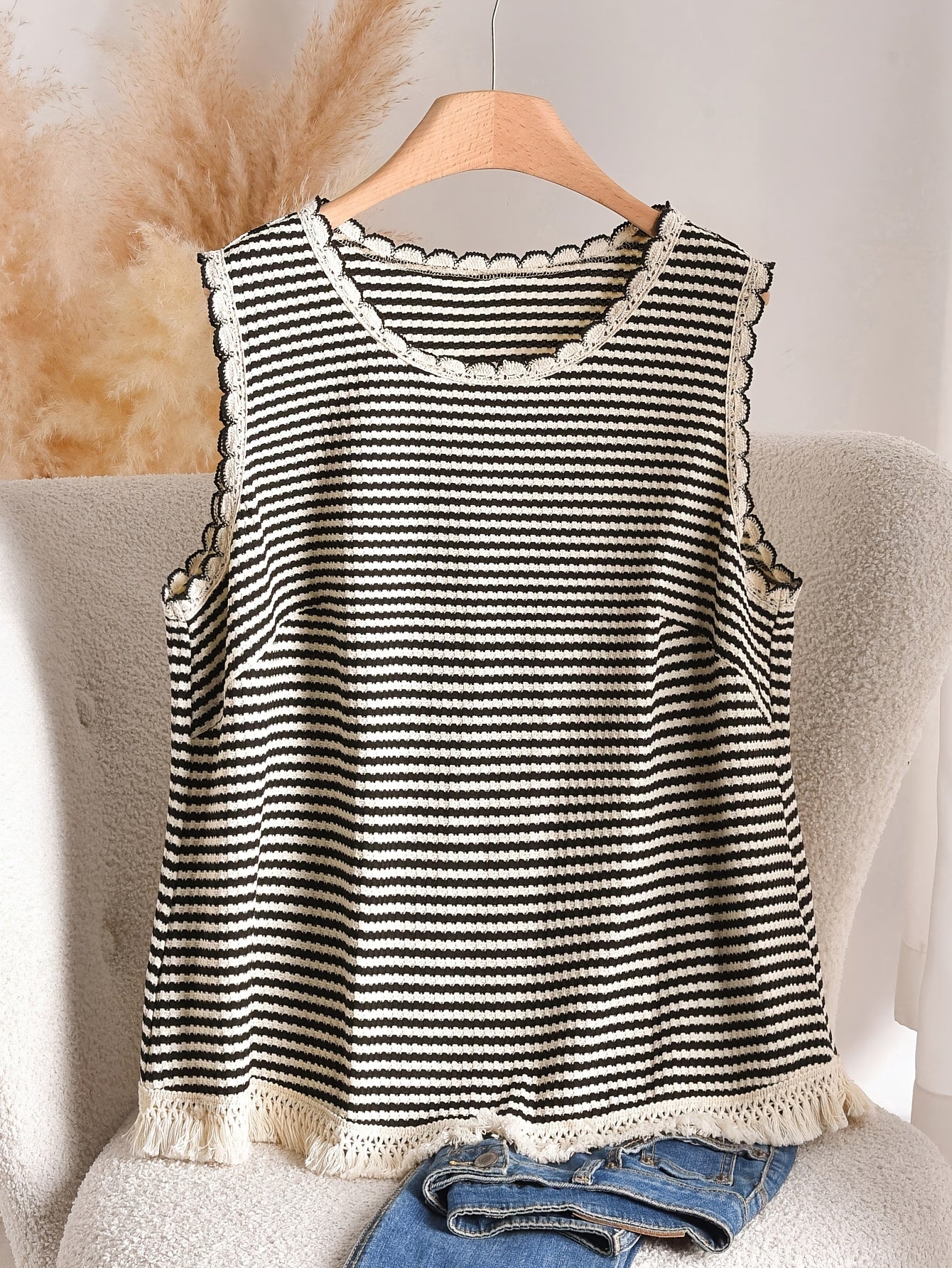 Women's Boho-Style Knit Tank Top with Stripes and Fringes – Elegant Casual Top for Spring and Summer