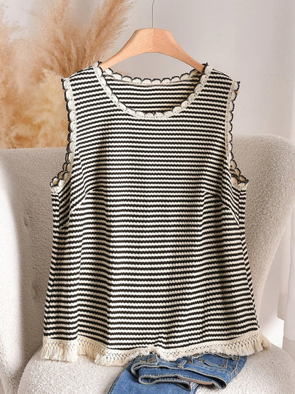 Women's Boho-Style Knit Tank Top with Stripes and Fringes – Elegant Casual Top for Spring and Summer
