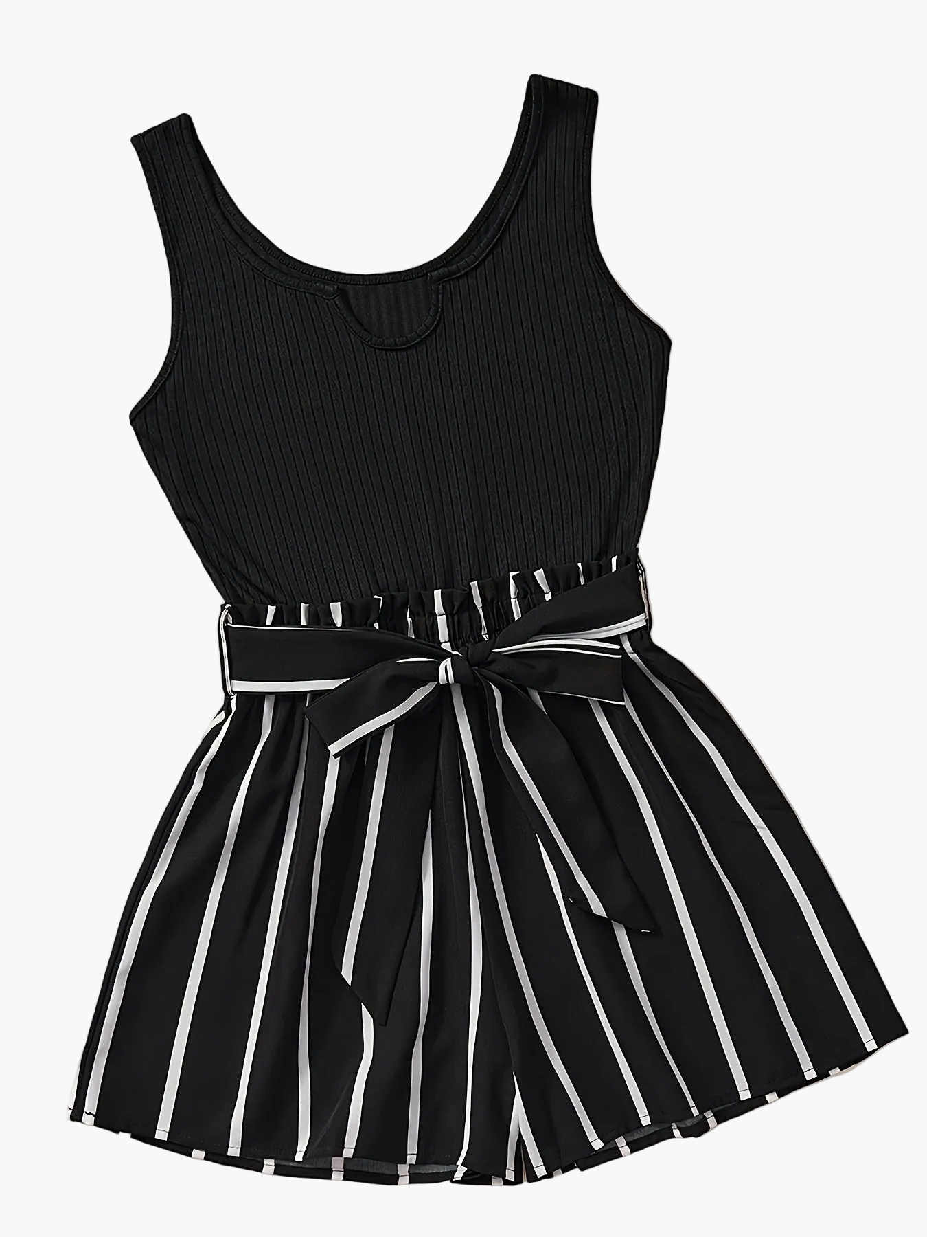 Women's Elegant Jumpsuit with Stripes and Waist Belt – Sleeveless Summer Romper for Leisure & Vacation