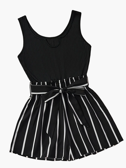 Women's Elegant Jumpsuit with Stripes and Waist Belt – Sleeveless Summer Romper for Leisure & Vacation