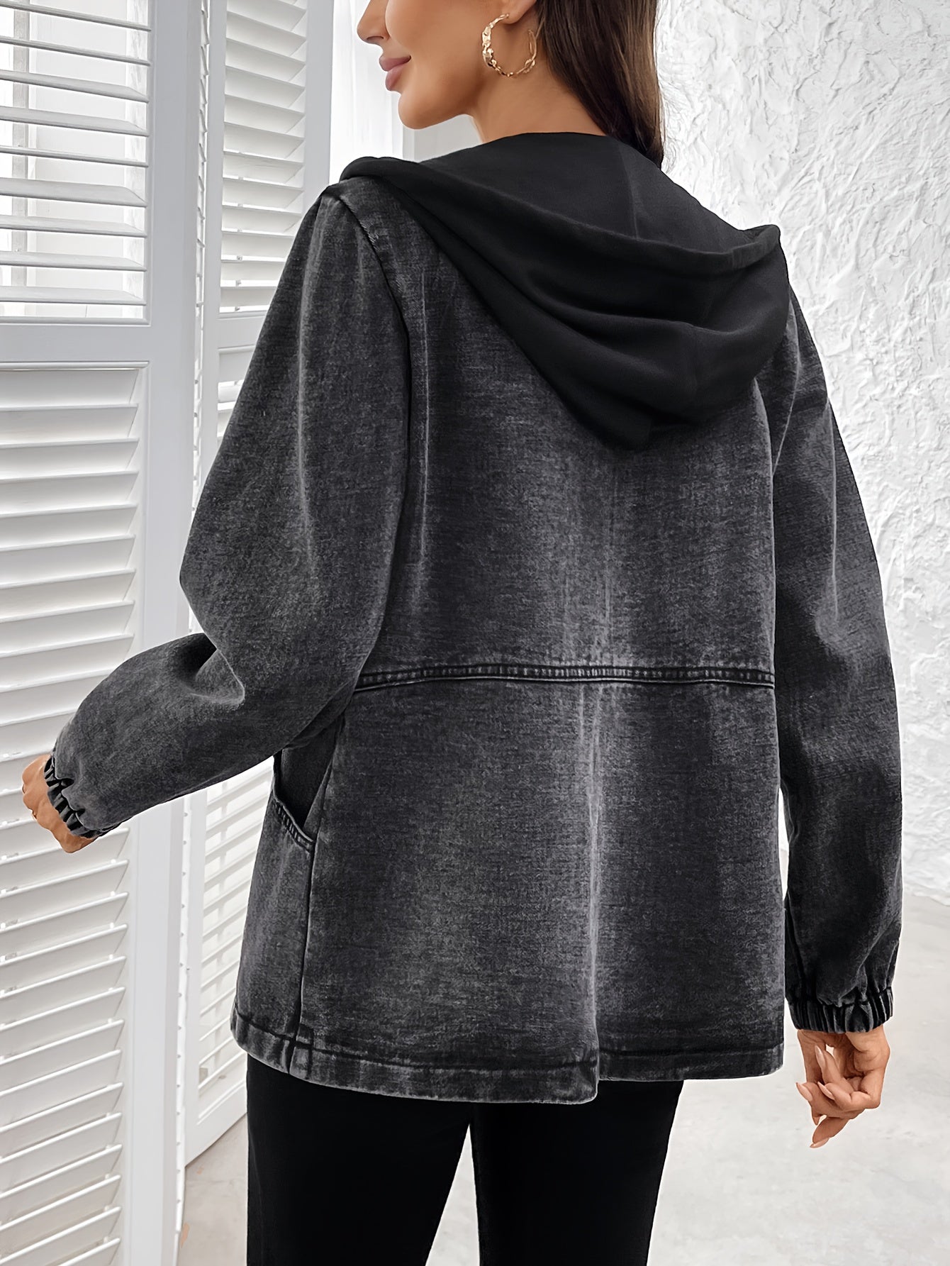 Damen Jacke mit Kapuze und Reißverschluss, Washed-Effekt Grau, Elastische Ärmelbündchen