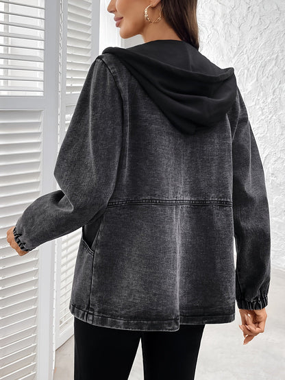 Damen Jacke mit Kapuze und Reißverschluss, Washed-Effekt Grau, Elastische Ärmelbündchen