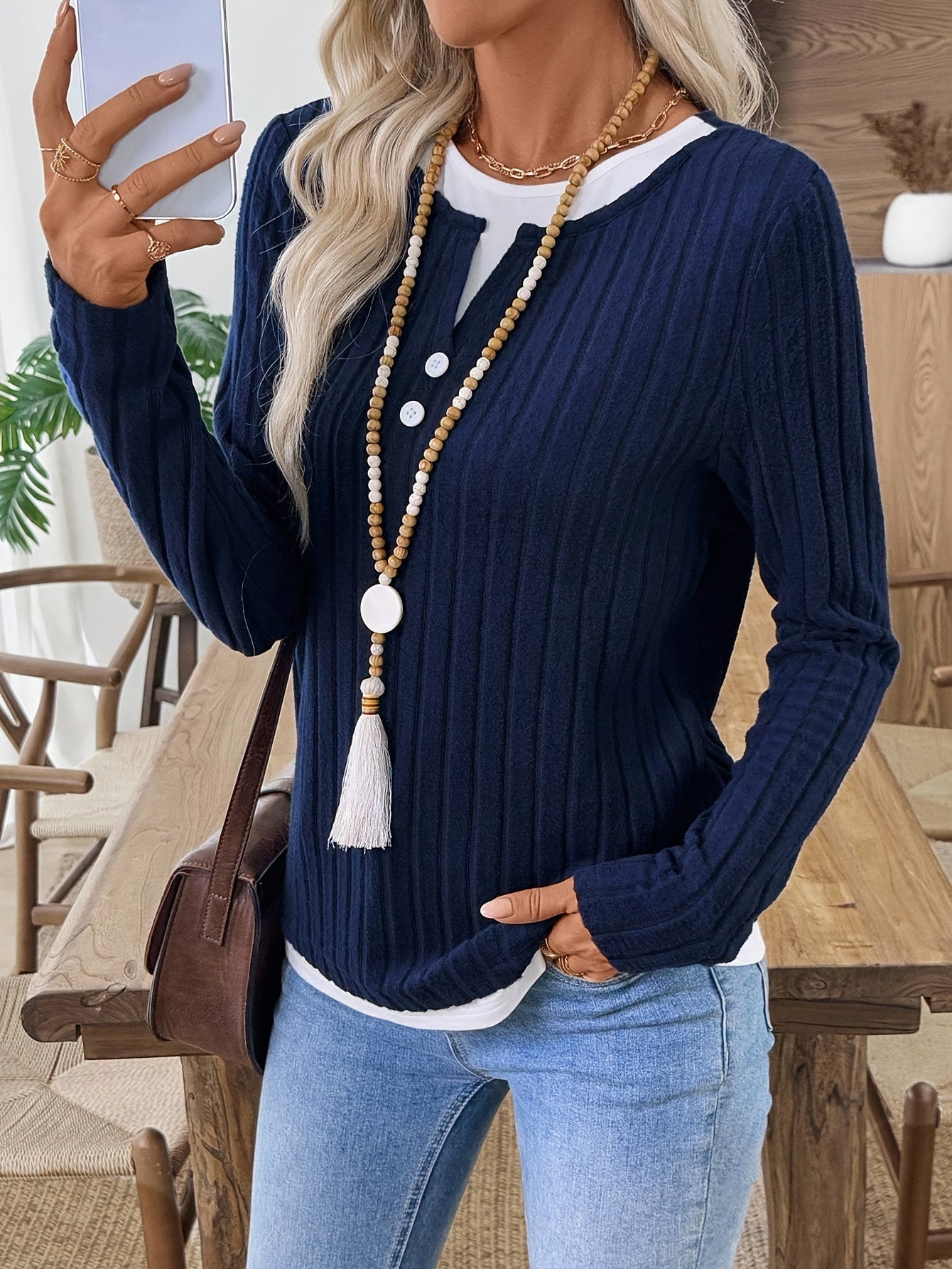 Damen Langarmshirt Gerippt Marineblau Henley-Ausschnitt