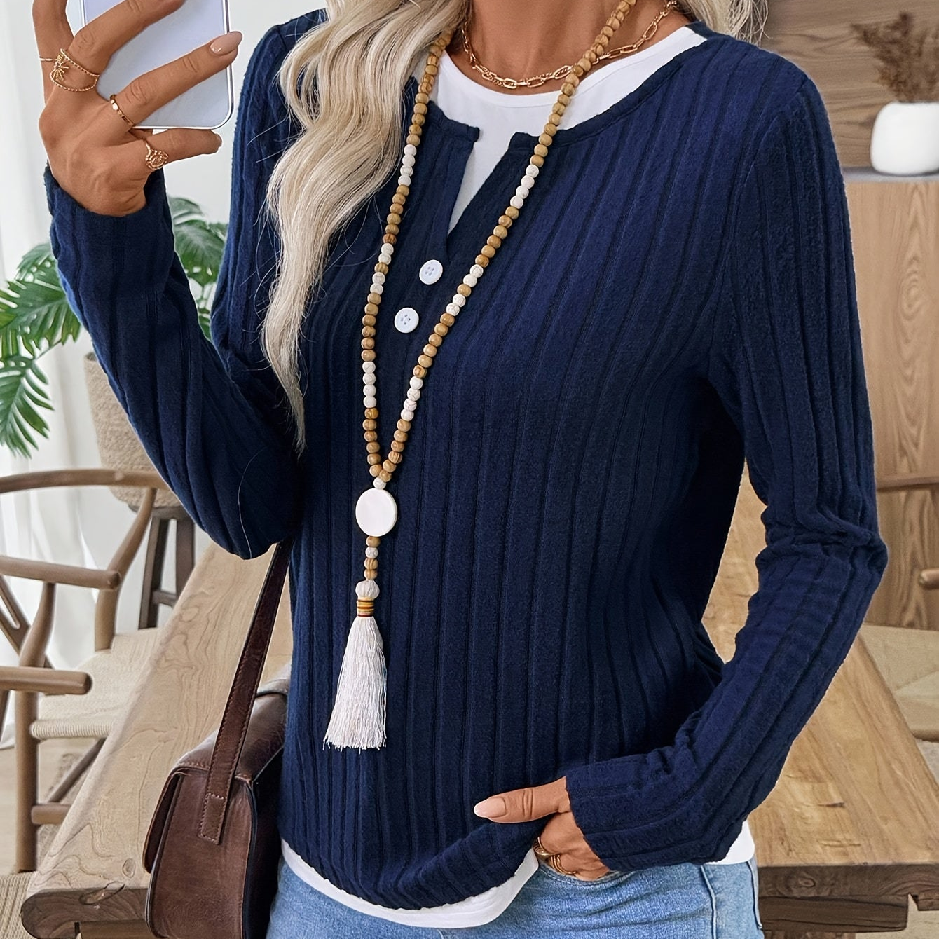 Damen Langarmshirt Gerippt Marineblau Henley-Ausschnitt