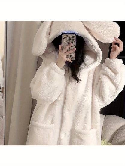 Unisex Plüsch Bademantel Hase mit Kapuze Langarm Weich Creme
