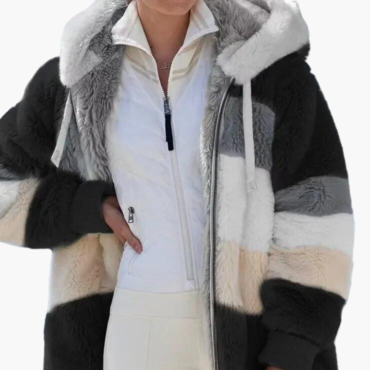 Women's winter jacket with hood and zipper – fashionable stripes, comfortable for everyday and leisure use