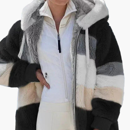 Women's winter jacket with hood and zipper – fashionable stripes, comfortable for everyday and leisure use
