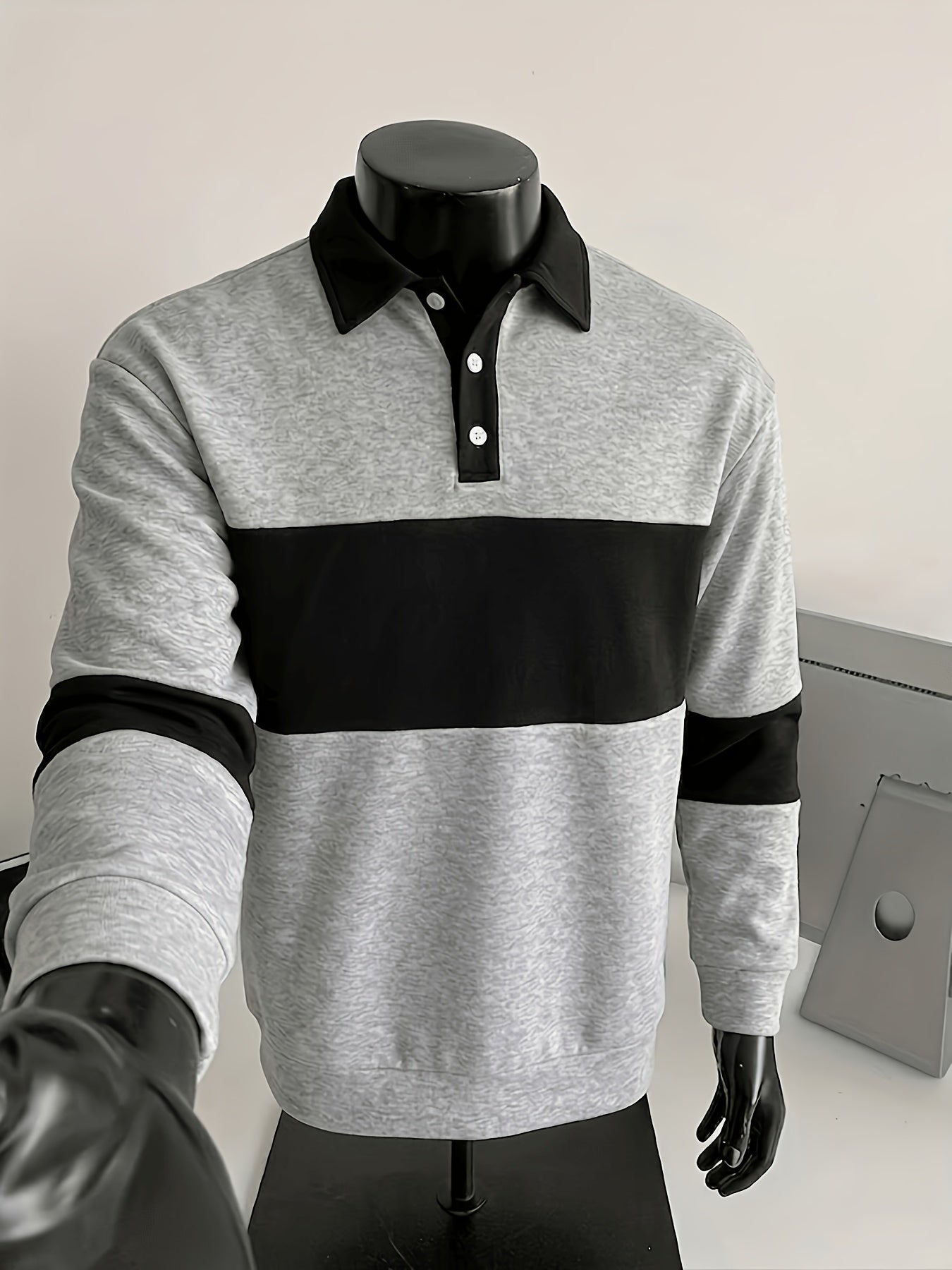 Men's long-sleeve striped rugby shirt with a polo collar, dark gray and black